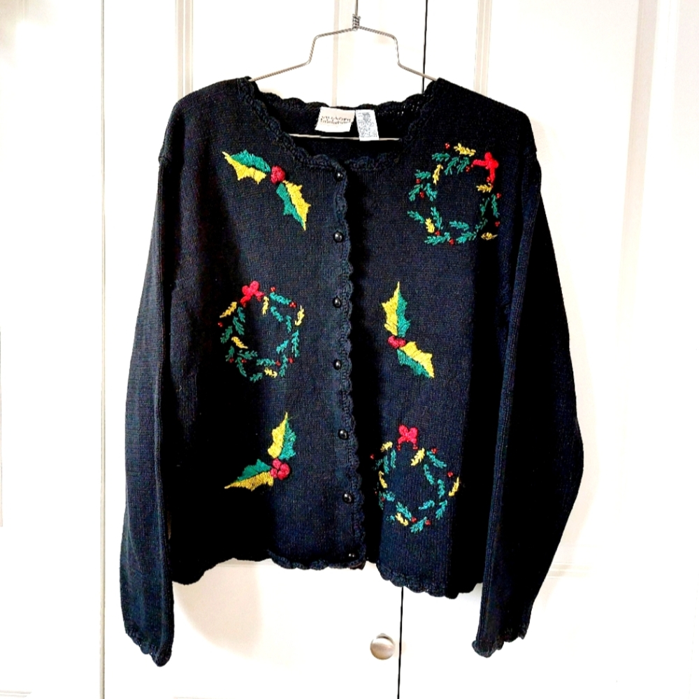 Christmas Wreath Beaded & Embroidered Black Cardigan Sweater Petite XL Liz Claib